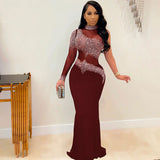 kamames Sexy Blue Mesh Crystal See Through Maxi Dress Women New One Sleeve Birthday Clubwear Bodycon Long Dress