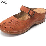 kamames New Women Flat Shoes Mules For Women PU Leather Round Head Sandals Closed Toe Sandals Women Slipper Non-slip Retro Shoes