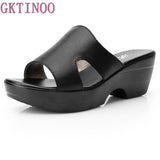 GKTINOO Women Slipper Sandals Wedges Platform Genuine Leather Peep toe Female Sandals Ladies clogs Summer Shoes Plus Size 41 42