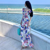 kamames Print Floral Long Dresses for Women 2023 French Vintage Sleeveless Ruffle Slim Female Clothes Elegant Party Holiday Robe