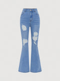 NEW Tween Girl Boyfriend Style Ripped Flared Jeans, Casual Elastic Waist Long Pants