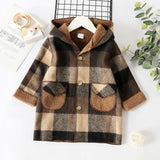 PatPat Toddler Boy Classic Plaid Fleece Lined Button Design Hooded Overcoat