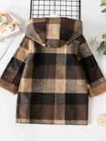 PatPat Toddler Boy Classic Plaid Fleece Lined Button Design Hooded Overcoat