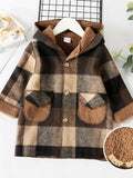 PatPat Toddler Boy Classic Plaid Fleece Lined Button Design Hooded Overcoat