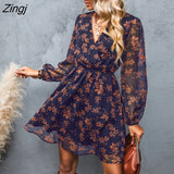 kamames PETAL Black Floral Chiffon A-Line Mini Dress Woman Sexy V-neck Long Sleeve Party Dress 2023 Spring Autumn Female Sundress