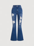 NEW Tween Girl Boyfriend Style Ripped Flared Jeans, Casual Elastic Waist Long Pants