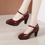 kamames Leather Catwalk High Heel Women's Pointed High Heel Thick-Soled Waterproof Platform Professional Black Work Shoes Large-Size Single Shoes