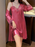 Luxurious Womens Satin Pajama Set - Soft Solid Satin, Elegant Applique, Long Sleeve, Robe, V Neck Backless Slip Dress, Ultra-Comfortable Relaxed Fit for Women - Perfect for Lounging and Sleeping