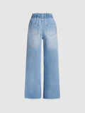 NEW Tween Girls' Loose Elastic Waist Bowknot Design Blue Denim Straight Pants