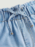 NEW Tween Girls' Loose Elastic Waist Bowknot Design Blue Denim Straight Pants