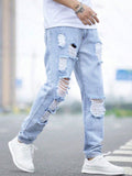 Manfinity EMRG Men Cotton Ripped Frayed Cut Out Jeans Straight Leg Long Light Jean Cargo Plain Blue Party Street Wear Friends