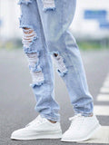 Manfinity EMRG Men Cotton Ripped Frayed Cut Out Jeans Straight Leg Long Light Jean Cargo Plain Blue Party Street Wear Friends