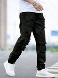 Manfinity EMRG Men Cotton Ripped Frayed Cut Out Jeans Straight Leg Long Light Jean Cargo Plain Blue Party Street Wear Friends