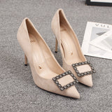 kamames Temperament Low-Cut Square Buckle Rhinestone Shoes Stiletto Heel Suede High Heels Stiletto Heel Professional Banquet Women's Shoes Wholesale