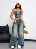 NEW EZwear Women's Casual Loose Fit Wide Leg Jeans With Pocket And Star Patchwork, Suitable For Daily Wear And Travel