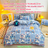 Disney Licensed Stitch Themed Bedding Set - 4pcs Kawaii Anime Print Quilt Cover, Fitted Sheet with 11.81-13.39inch Height & Pillowcases - 100% Polyester, Active Printing, Sanded Craftsmanship with Ruffles, Breathable Fabric 200-250g/m² - Zippered Closure,