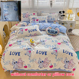 Disney Licensed Stitch Themed Bedding Set - 4pcs Kawaii Anime Print Quilt Cover, Fitted Sheet with 11.81-13.39inch Height & Pillowcases - 100% Polyester, Active Printing, Sanded Craftsmanship with Ruffles, Breathable Fabric 200-250g/m² - Zippered Closure,