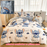 Disney Licensed Stitch Themed Bedding Set - 4pcs Kawaii Anime Print Quilt Cover, Fitted Sheet with 11.81-13.39inch Height & Pillowcases - 100% Polyester, Active Printing, Sanded Craftsmanship with Ruffles, Breathable Fabric 200-250g/m² - Zippered Closure,