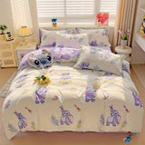 Disney Licensed Stitch Themed Bedding Set - 4pcs Kawaii Anime Print Quilt Cover, Fitted Sheet with 11.81-13.39inch Height & Pillowcases - 100% Polyester, Active Printing, Sanded Craftsmanship with Ruffles, Breathable Fabric 200-250g/m² - Zippered Closure,