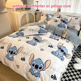 Disney Licensed Stitch Themed Bedding Set - 4pcs Kawaii Anime Print Quilt Cover, Fitted Sheet with 11.81-13.39inch Height & Pillowcases - 100% Polyester, Active Printing, Sanded Craftsmanship with Ruffles, Breathable Fabric 200-250g/m² - Zippered Closure,