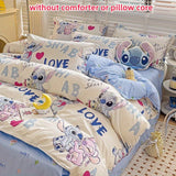 Disney Licensed Stitch Themed Bedding Set - 4pcs Kawaii Anime Print Quilt Cover, Fitted Sheet with 11.81-13.39inch Height & Pillowcases - 100% Polyester, Active Printing, Sanded Craftsmanship with Ruffles, Breathable Fabric 200-250g/m² - Zippered Closure,