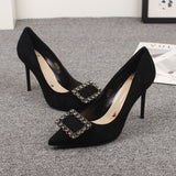 kamames Temperament Low-Cut Square Buckle Rhinestone Shoes Stiletto Heel Suede High Heels Stiletto Heel Professional Banquet Women's Shoes Wholesale