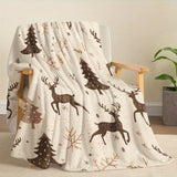 Christmas Elk and Trees Flannel Throw Blanket – Contemporary Digital Printed Soft Cozy Polyester Knitted Quilt, All-Season Warmth for Travel, Office, Home – Delicate Snowflakes & Plant Patterns