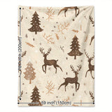 Christmas Elk and Trees Flannel Throw Blanket – Contemporary Digital Printed Soft Cozy Polyester Knitted Quilt, All-Season Warmth for Travel, Office, Home – Delicate Snowflakes & Plant Patterns