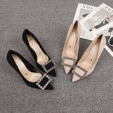 kamames Temperament Low-Cut Square Buckle Rhinestone Shoes Stiletto Heel Suede High Heels Stiletto Heel Professional Banquet Women's Shoes Wholesale