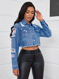 Women's Washed Plain Blue Distressed Denim Jacket With Faux Pockets, Casual Jean Top, Fashion Outerwear suit for autumn