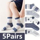 5 Pairs Of Boy's Trendy Cartoon Pentagram Striped Pattern Crew Socks, Breathable Comfy Casual Style Unisex Socks For Kids Outdoor All Seasons Wearing