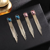 2025 earrings new fashion S925 silver needle long inlaid crystal earrings women's wholesale geometric fringed square earrings
