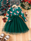 Girls' Winter Christmas Party Princess Dress With Mesh Hem & Lining, Holiday Fun Long Sleeve Christmas Dress With Ribbon Belt, Party Gift