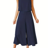 Two-Piece Elegant Outfit - Crew Neck Tank Top & Wide Leg Pants Set - Polyester Solid Color Spring/Summer Wear with Zipper, No Elasticity, Woven Fabric, and Classic Style