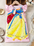 Charming Girls Princess Dress with Playful Cartoon Pattern - Soft Round Neck, Delicate Ruffle Sleeves, Comfortable Straight Casual Style