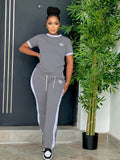 Chic Color Block Two-piece Outfit Set - Comfortable Casual Wear with Crew Neck Top & Drawstring Pants - Perfect for Trendy Women