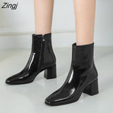 kamames Autumn Women Fashion Square High Heels Zapatos De Mujer White Patent Leather Shoes Ankle Boots Black Woman Zipper