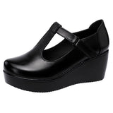 GKTINOO Plus Size 32-43 T Strap Leather Wedges Shoes for Women 2021 High Heels Shoes Ladies Platform Shoes Mother Dance Shoe