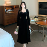 kamames Black Long Sleeve Velvet Midi Dresses for Women 2023 Autumn Winter New Korean Elegant Evening Party Prom Female Clothing