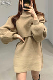 Zingj Casual O-Neck Knitwear Dress Female Loose Two Piece Set Thick Warm Lantern Sleeve Knitted Pullover Women Sweaters Winter
