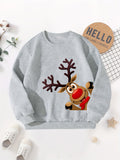 Boys' Fashion Christmas Reindeer Crew Neck Sweatshirt - Casual Long Sleeve Applique Top, 100% Polyester, Slight Stretch, Fall/Winter Collection