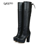 kamames Autumn Women Platform Knee High Boots Square High Heel Lacing Fashion Boots Winter Ladies Shoes Black Brown