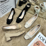 kamames Tie Shallow Mouth Single Shoes Women's Thick Heels 2024 Spring And Autumn New Style Square Head Middle Heel Grandma Shoes High Heel Work Shoes
