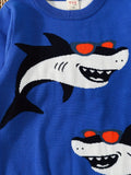 Boys Stylish Shark Pattern Sweater Round Neck Long Sleeve Stretch Warm Knit Pullover Top Kids Clothes Outdoor