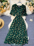 kamames Women Polka Dot Midi Dress Vintage V-Neck Short Flare Sleeve Bandage A-Line Vestidos Female Casual Robe New Fashion