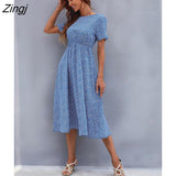 kamames Floral Print Dress Women Summer Dresses 2022 New V Neck Short Sleeve High Waist Blue Midi A-line Dress for office Lady