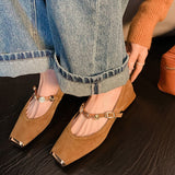 kamames kamames Collision Proof Metal Square Head Single Shoes Women's Fashion Spring Low Heel One Word Buckle Shallow Mouth Single Shoes Leather Mary Jane