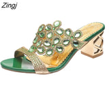 kamames Women Summer Fashion Rhinestone Slipper Sexy Hollow Out Chunky High Heels Sandals Crystal Party Shoes Woman Flip Flops