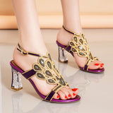kamames High-Heeled Sandals Women's Water Diamond 2024 Summer New French Girls' Gentle Shoes Thick-Heeled Leather Crystal Wedding Shoes