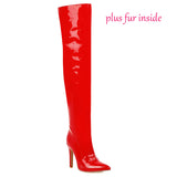 kamames Sexy Mirror Leather Thigh High Boots Women High Heels Over The Knee Boots For Women Point Toe White Red Fetish Party Long Shoes